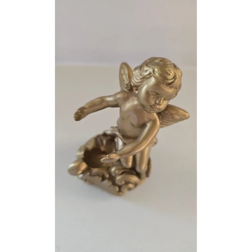 Gold Cherub Angel Bud Vase Frosted Glass Insert Ornate Scroll Base Decor
